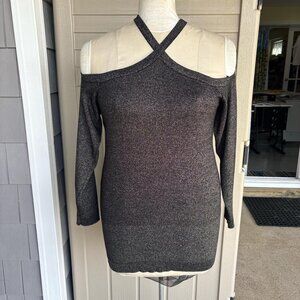 NWT Torrid Cross Neck Cold Shoulder Sweater Womens 1X Black Sparkly Stretchy